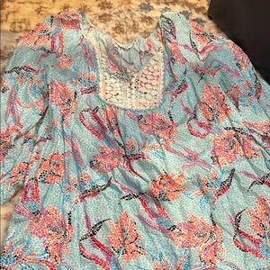 Crown & Ivy Blue and Pink Smocked Short Sleeve Blouse